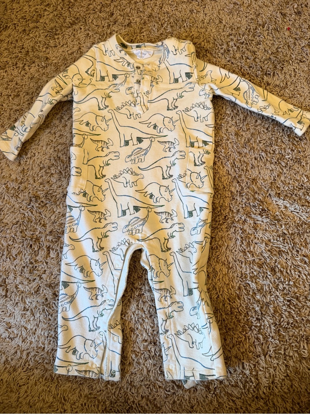Angel Dear Dinosaur Print One-Piece Romper - Cream with Green Dino Outline
